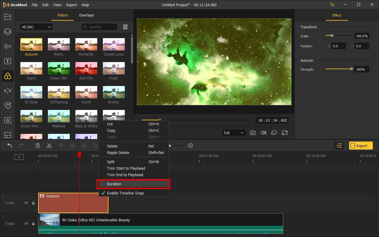 dauer des filters oder der überlagern ändern