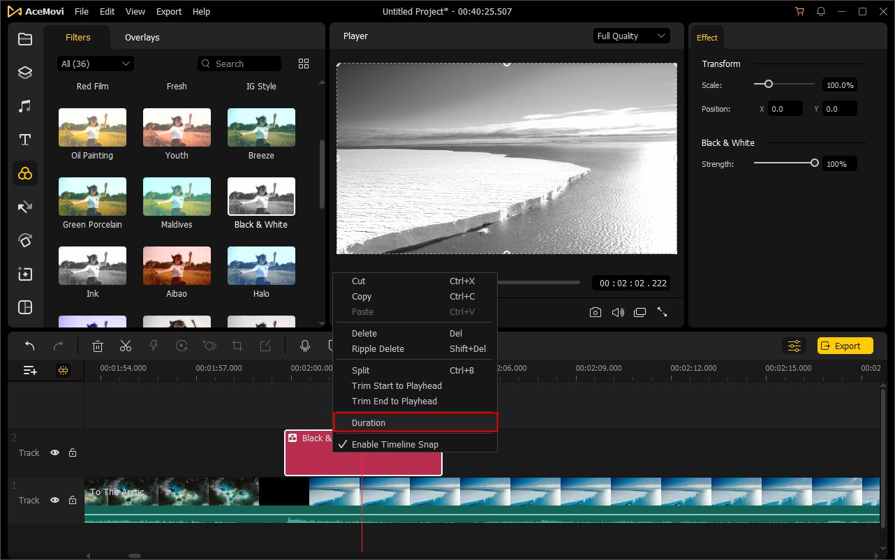 change filter or overlay duration