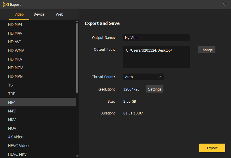 select formats and export final video