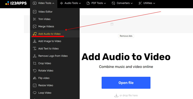 add audio to video function of 123apps