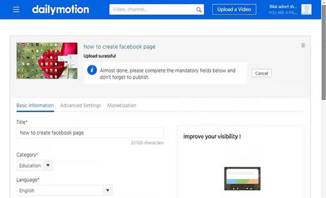 how to upload video on dailymotion