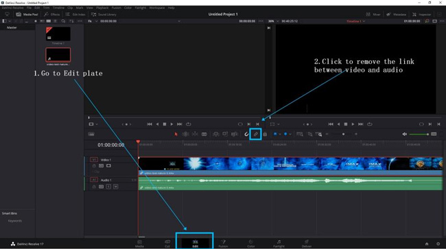 detach audio from video davinci resolve