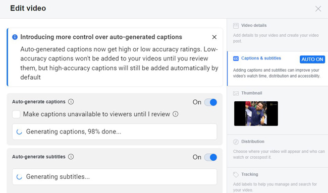 edit video subtitles and others on facebook creator studio