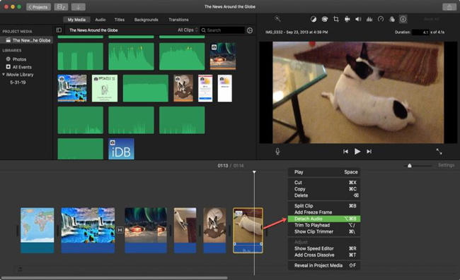 how to detach audio from video in imovie