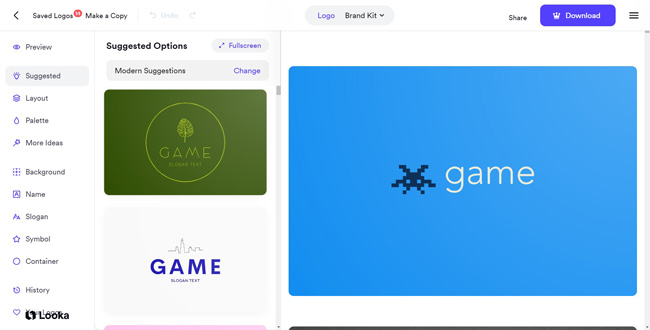 looka video game logo maker interface