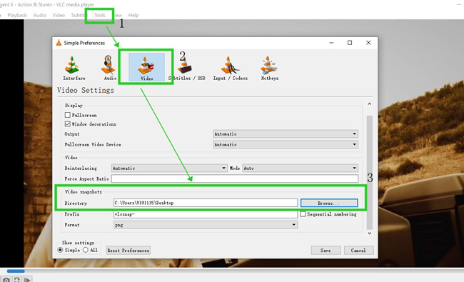 change the save path of screenshot in vlc