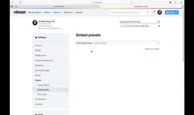 vimeo settings
