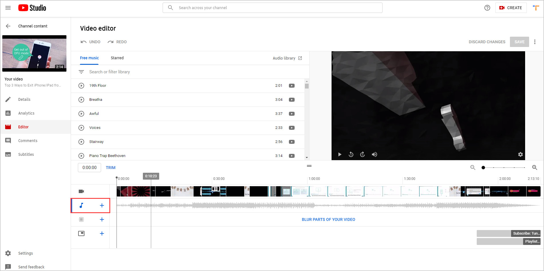 how to edit audio with youtube video editor