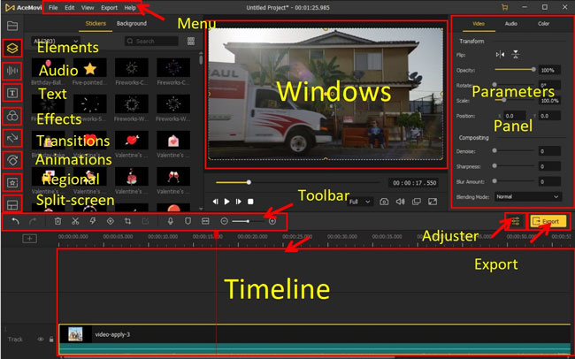 acemovi video editor interface/UI