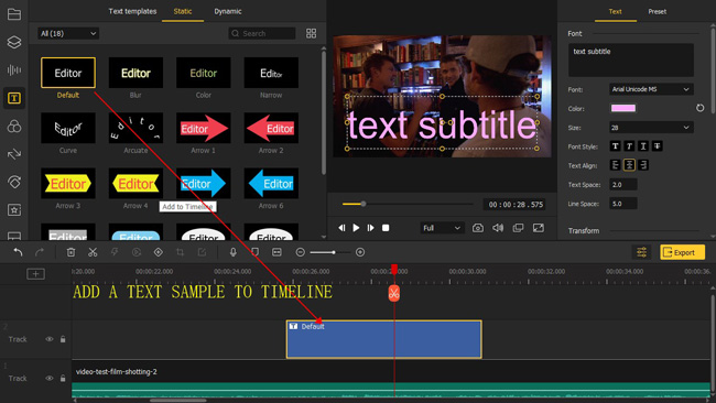 how to add text to video on acemovi