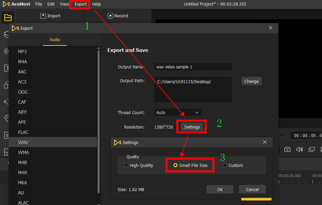 set small file size for audio in acemovi