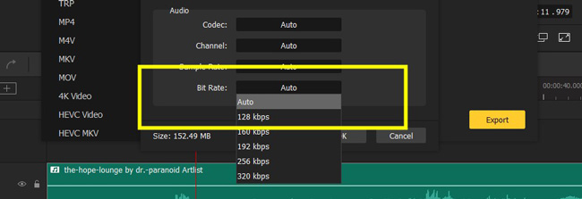 how to change audio bitrate in acemovi video editor
