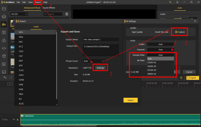 change audio sample rate of acemovi