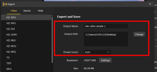 output settings in acemovi