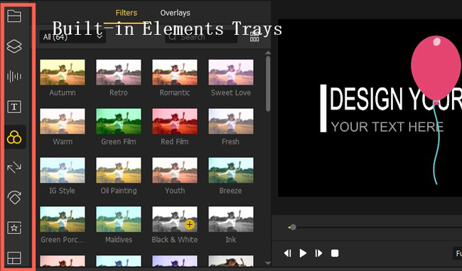 element trays of acemovi easy video editing software