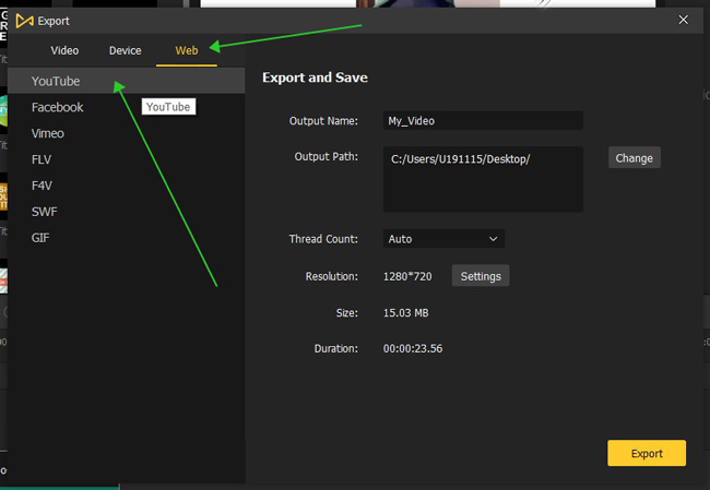 how to export at youtube format