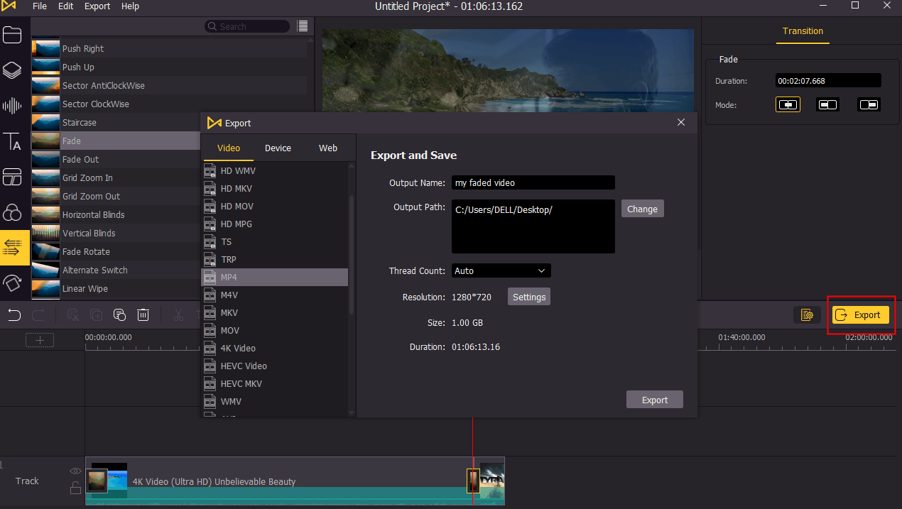 export faded video