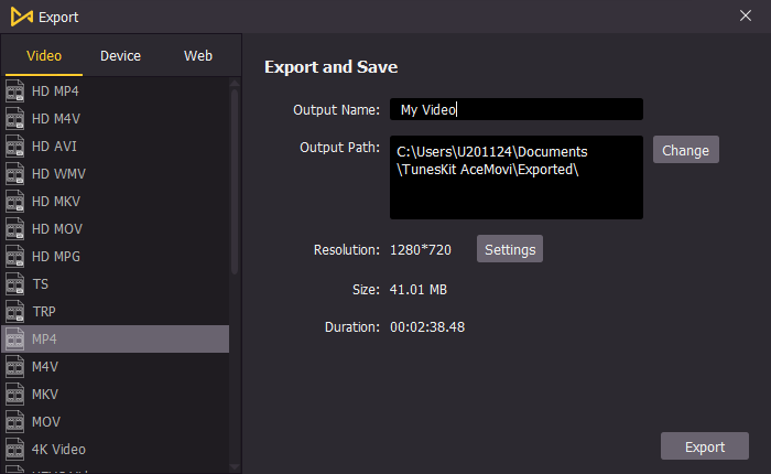 export in acemovi video editor voice over