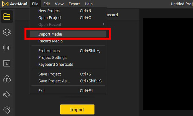 import media to acemovi 60fps video editor