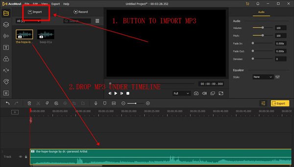 import mp3 audio to timeline to convert its bitrate